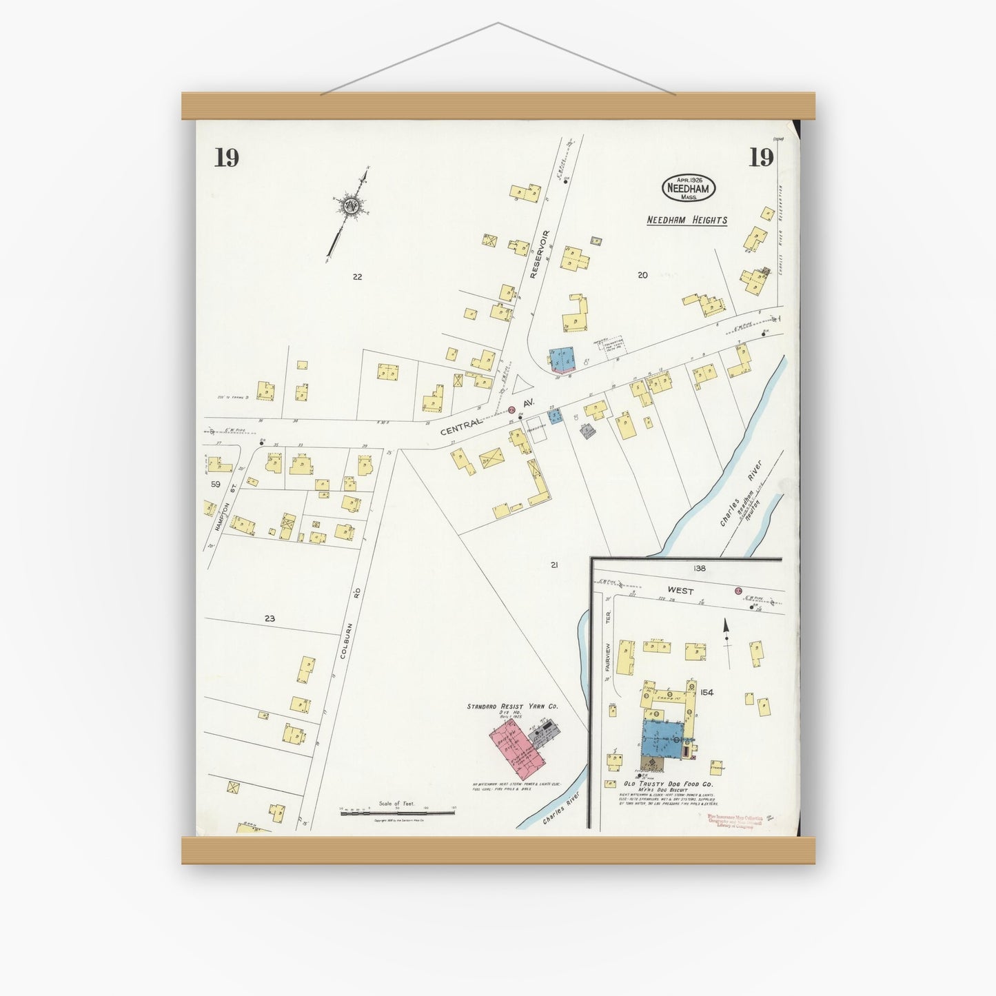 Old map wall art mockup — magnetic wood frame on white wall — Sanborn Fire Insurance Map from Needham, Norfolk County, Massachusetts (1926), Sheet #0019