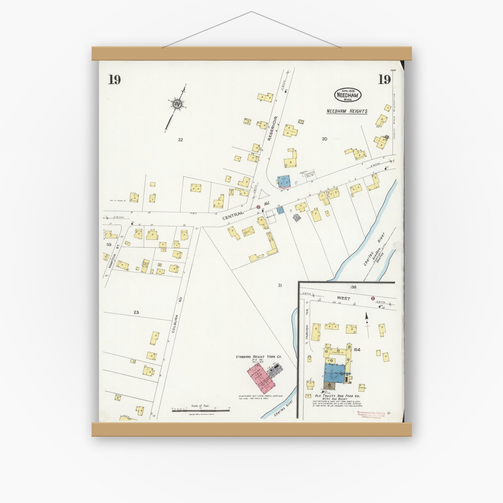 Old map wall art mockup — magnetic wood frame on white wall — Sanborn Fire Insurance Map from Needham, Norfolk County, Massachusetts (1926), Sheet #0019