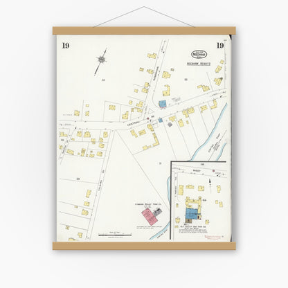 Old map wall art mockup — magnetic wood frame on white wall — Sanborn Fire Insurance Map from Needham, Norfolk County, Massachusetts (1926), Sheet #0019