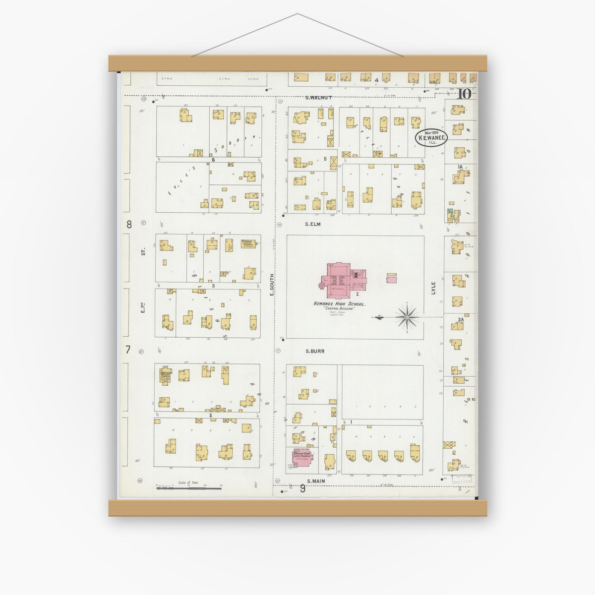 Old map wall art mockup — magnetic wood frame on white wall — Sanborn Fire Insurance Map from Kewanee, Henry County, Illinois (1899), Sheet #0010