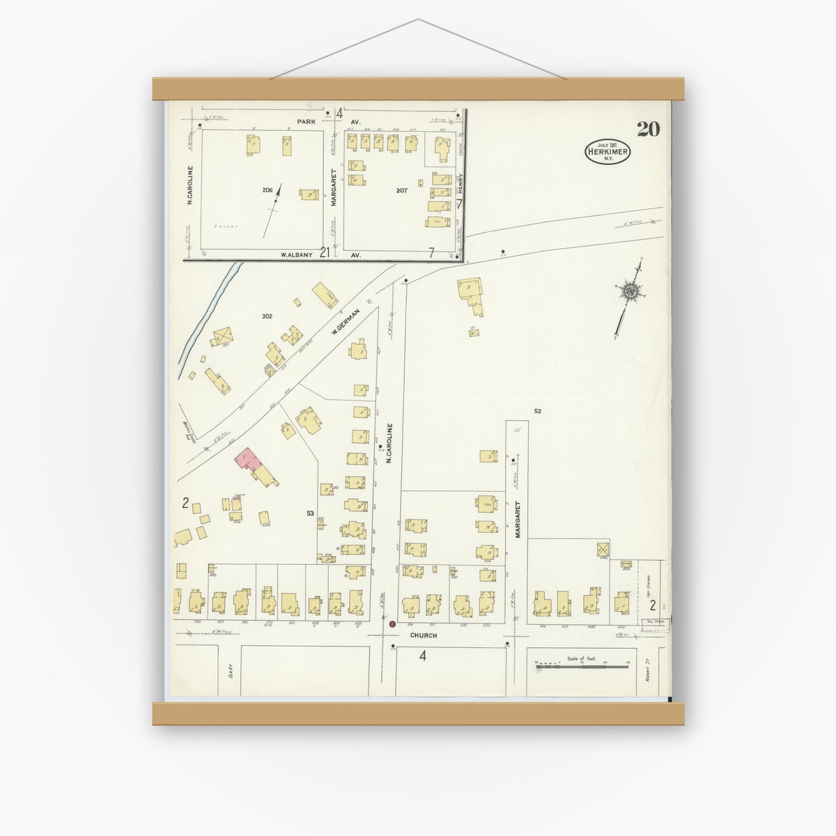 Old map wall art mockup — magnetic wood frame on white wall — Sanborn Fire Insurance Map from Herkimer, Herkimer County, New York (1911), Sheet #0020