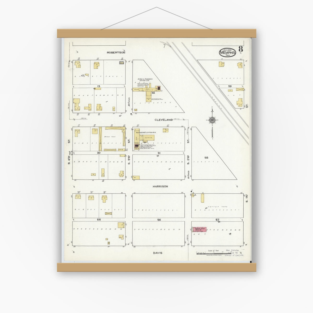 Old map wall art mockup — magnetic wood frame on white wall — Sanborn Fire Insurance Map from Memphis, Hall County, Texas (1920), Sheet #0008