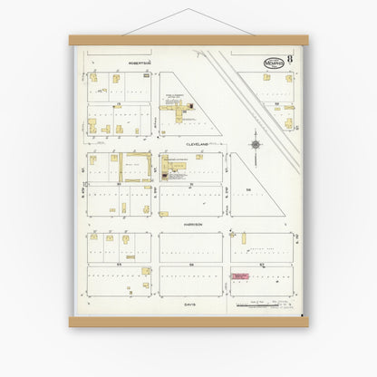 Old map wall art mockup — magnetic wood frame on white wall — Sanborn Fire Insurance Map from Memphis, Hall County, Texas (1920), Sheet #0008