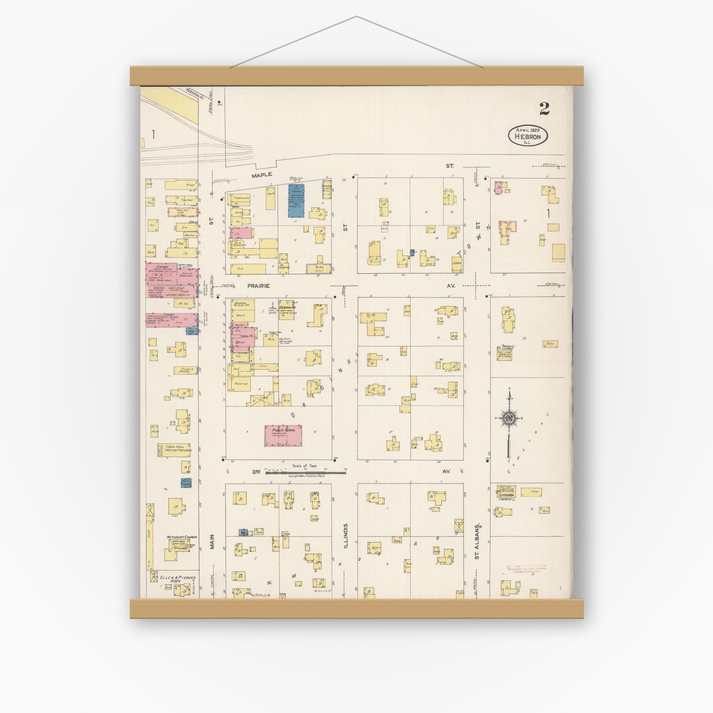 Old map wall art mockup — magnetic wood frame on white wall — Sanborn Fire Insurance Map from Hebron, McHenry County, Illinois (1922), Sheet #0002