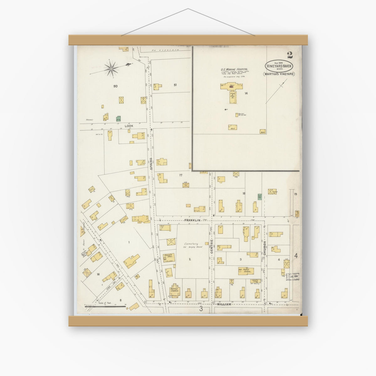 Old map wall art mockup — magnetic wood frame on white wall — Sanborn Fire Insurance Map from Vineyard Haven, Dukes County, Massachusetts (1898), Sheet #0002