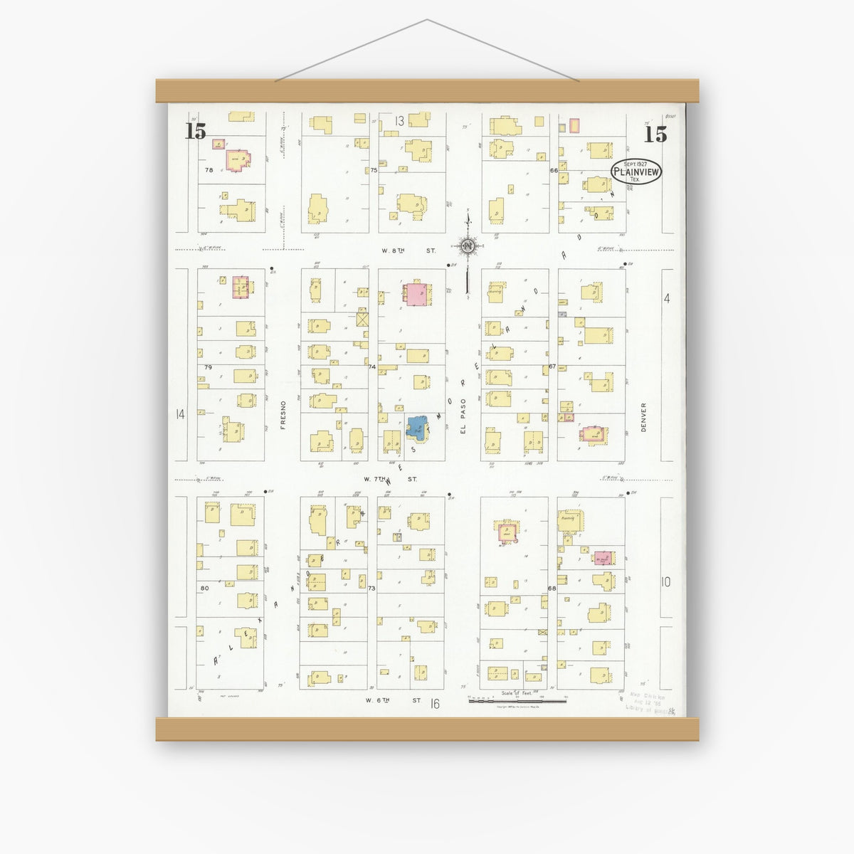 Old map wall art mockup — magnetic wood frame on white wall — Sanborn Fire Insurance Map from Plainview, Hale County, Texas (1927), Sheet #0015