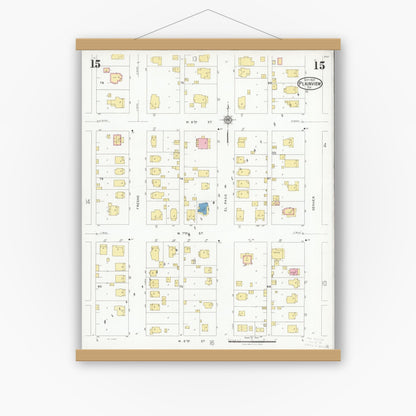 Old map wall art mockup — magnetic wood frame on white wall — Sanborn Fire Insurance Map from Plainview, Hale County, Texas (1927), Sheet #0015