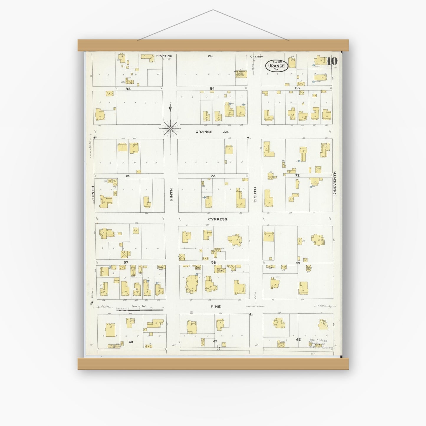 Old map wall art mockup — magnetic wood frame on white wall — Sanborn Fire Insurance Map from Orange, Orange County, Texas (1909), Sheet #0010