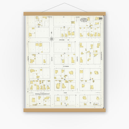 Old map wall art mockup — magnetic wood frame on white wall — Sanborn Fire Insurance Map from Orange, Orange County, Texas (1909), Sheet #0010