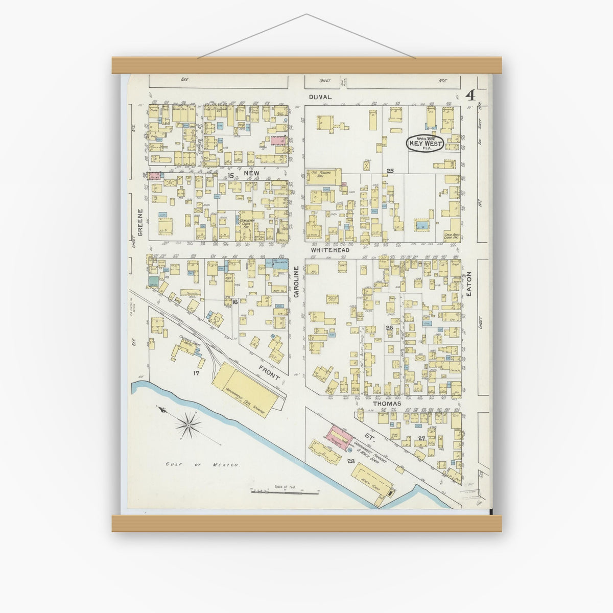 Old map wall art mockup — magnetic wood frame on white wall — Sanborn Fire Insurance Map from Key West, Monroe County, Florida (1892), Sheet #0004