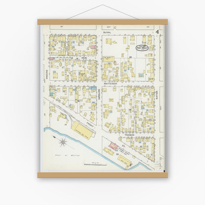 Old map wall art mockup — magnetic wood frame on white wall — Sanborn Fire Insurance Map from Key West, Monroe County, Florida (1892), Sheet #0004