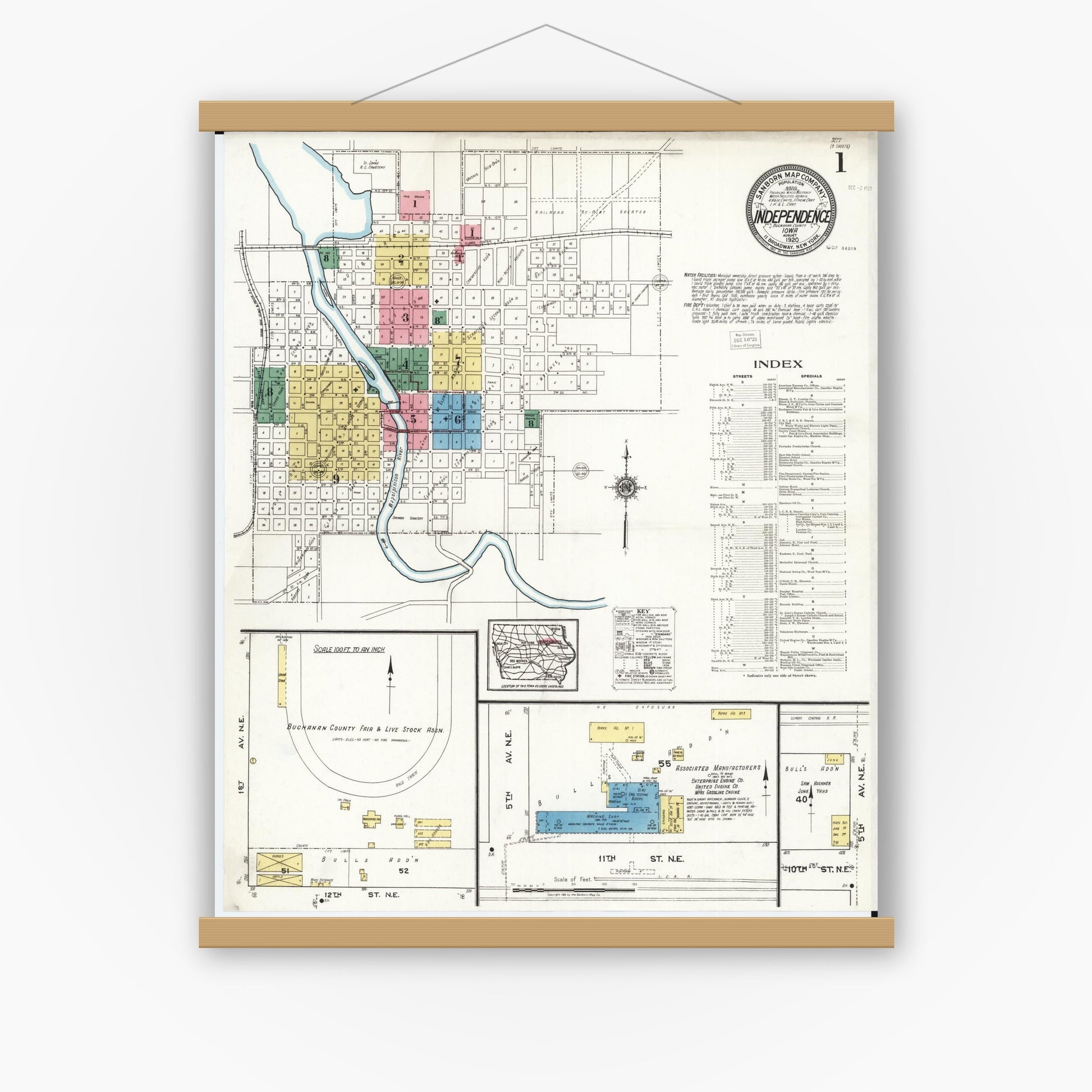 Old map wall art mockup — magnetic wood frame on white wall — Sanborn Fire Insurance Map from Independence, Buchanan County, Iowa (1920) â€” Complete Set