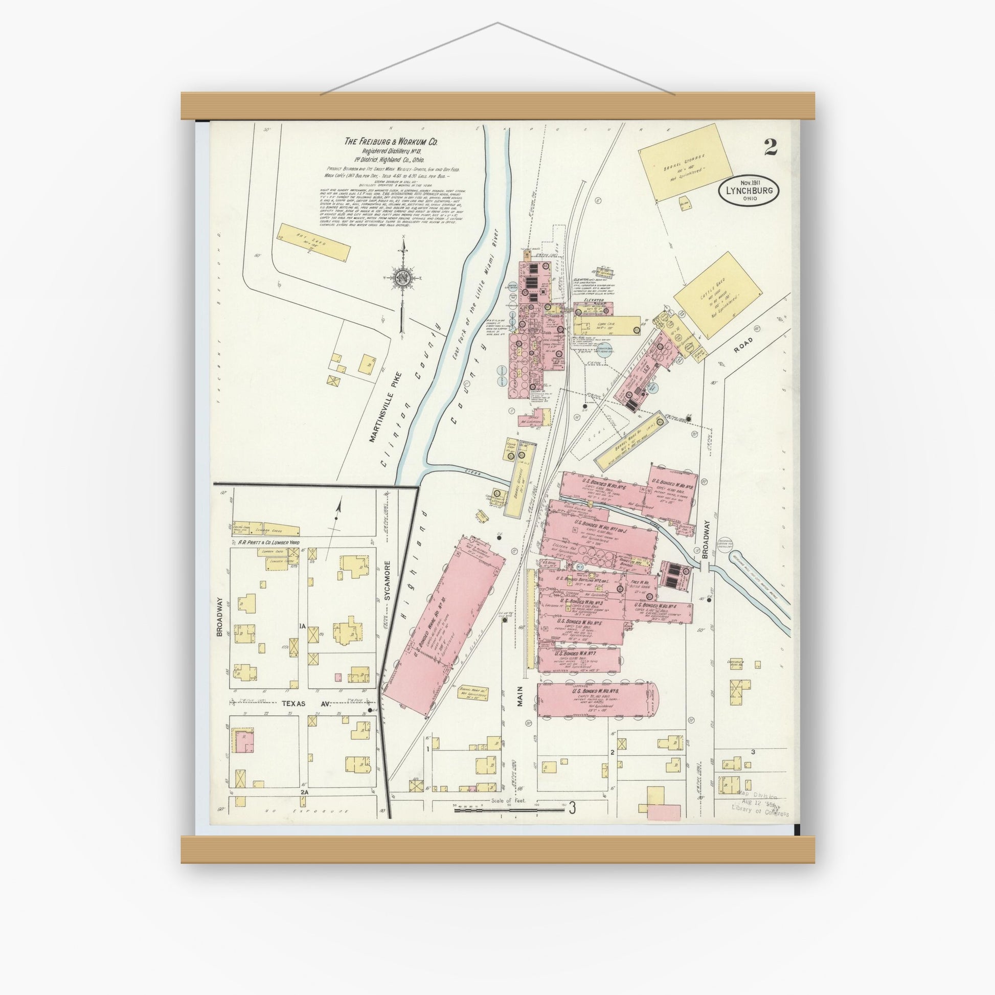 Old map wall art mockup — magnetic wood frame on white wall — Sanborn Fire Insurance Map from Lynchburg, Highland County, Ohio (1911), Sheet #0002