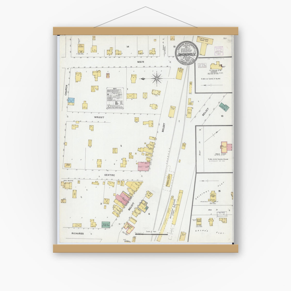 Old map wall art mockup — magnetic wood frame on white wall — Sanborn Fire Insurance Map from Orfordville, Rock County, Wisconsin (1904), Sheet #0001