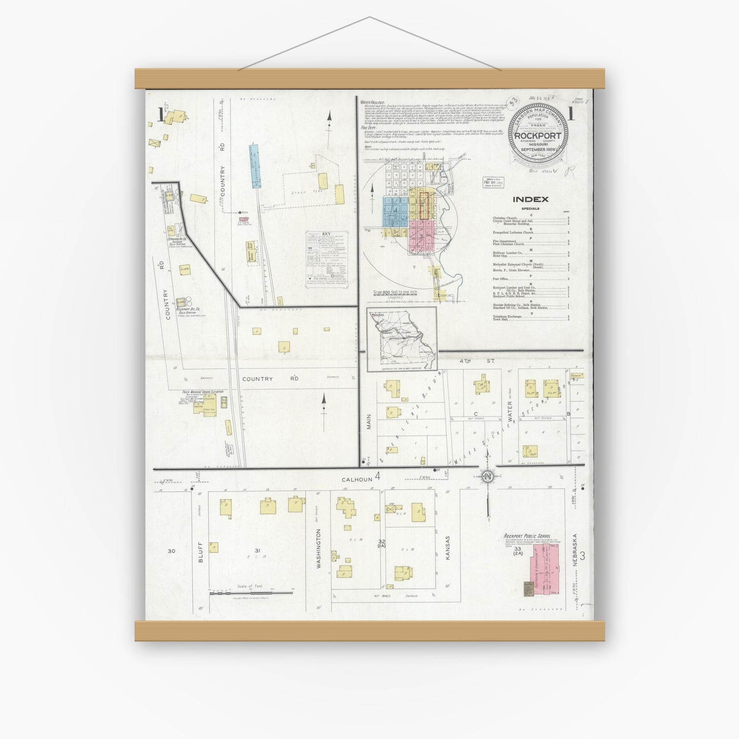 Old map wall art mockup — magnetic wood frame on white wall — Sanborn Fire Insurance Map from Rockport, Atchison County, Missouri (1928) - Complete Map Set