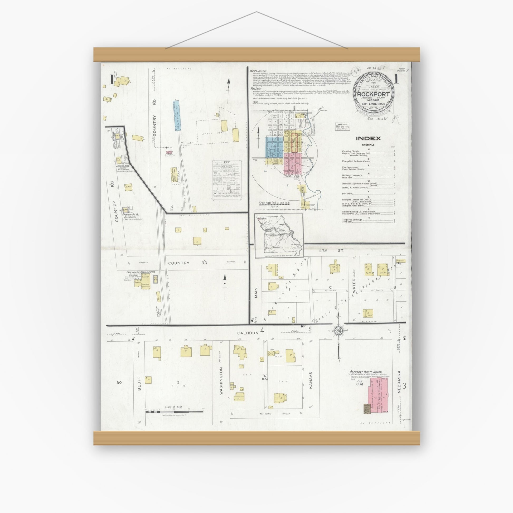 Old map wall art mockup — magnetic wood frame on white wall — Sanborn Fire Insurance Map from Rockport, Atchison County, Missouri (1928) - Complete Map Set