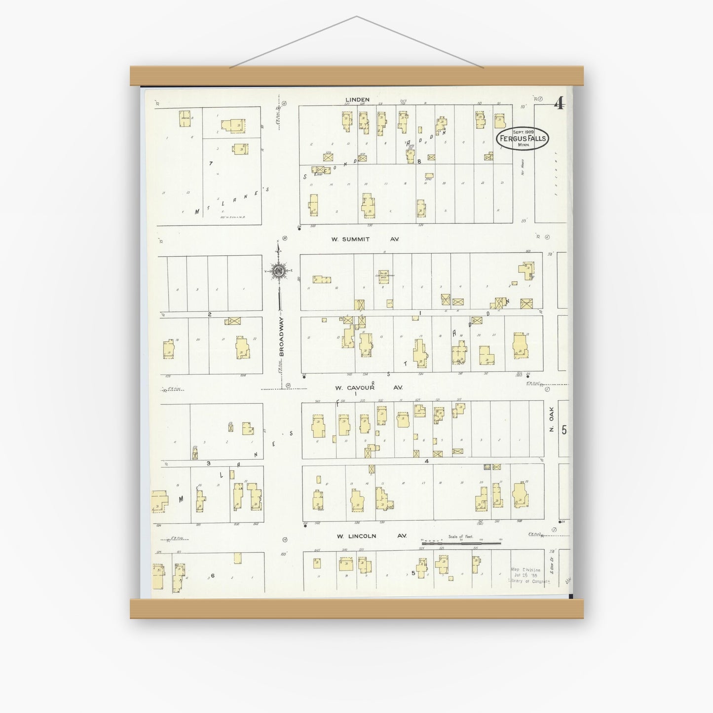 Old map wall art mockup — magnetic wood frame on white wall — Sanborn Fire Insurance Map from Fergus Falls, Otter Tail County, Minnesota (1909), Sheet #0004