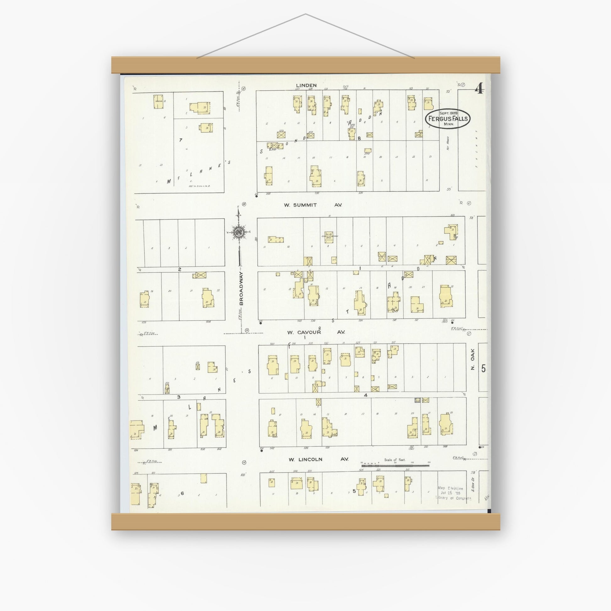 Old map wall art mockup — magnetic wood frame on white wall — Sanborn Fire Insurance Map from Fergus Falls, Otter Tail County, Minnesota (1909), Sheet #0004