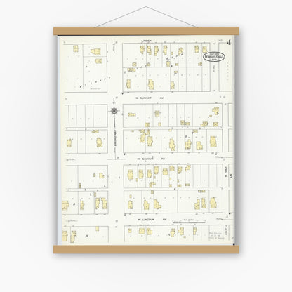 Old map wall art mockup — magnetic wood frame on white wall — Sanborn Fire Insurance Map from Fergus Falls, Otter Tail County, Minnesota (1909), Sheet #0004