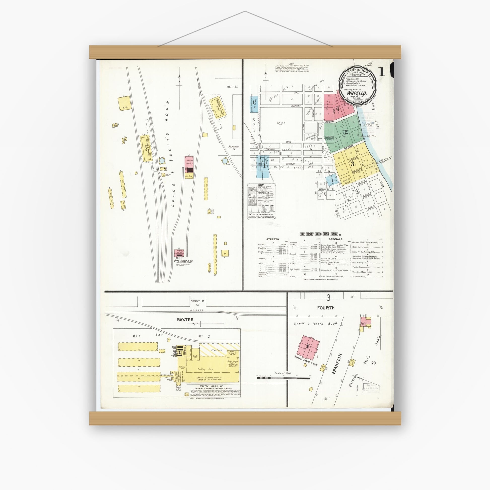 Old map wall art mockup — magnetic wood frame on white wall — Sanborn Fire Insurance Map from Wapello, Louisa County, Iowa (1899) â€” Complete Set
