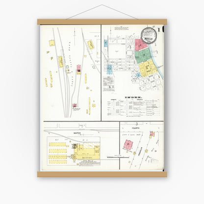 Old map wall art mockup — magnetic wood frame on white wall — Sanborn Fire Insurance Map from Wapello, Louisa County, Iowa (1899) â€” Complete Set