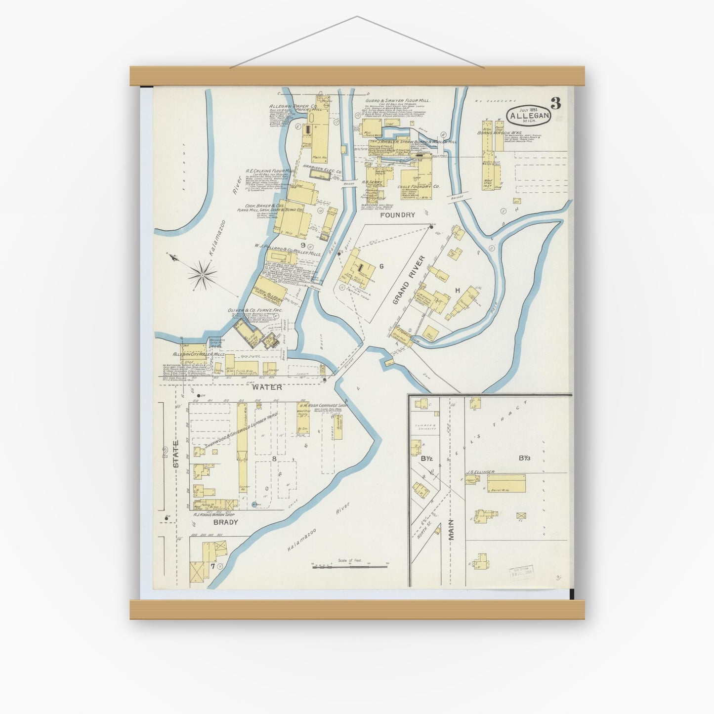 Old map wall art mockup — magnetic wood frame on white wall — Sanborn Fire Insurance Map from Allegan, Allegan County, Michigan (1893), Sheet #0003