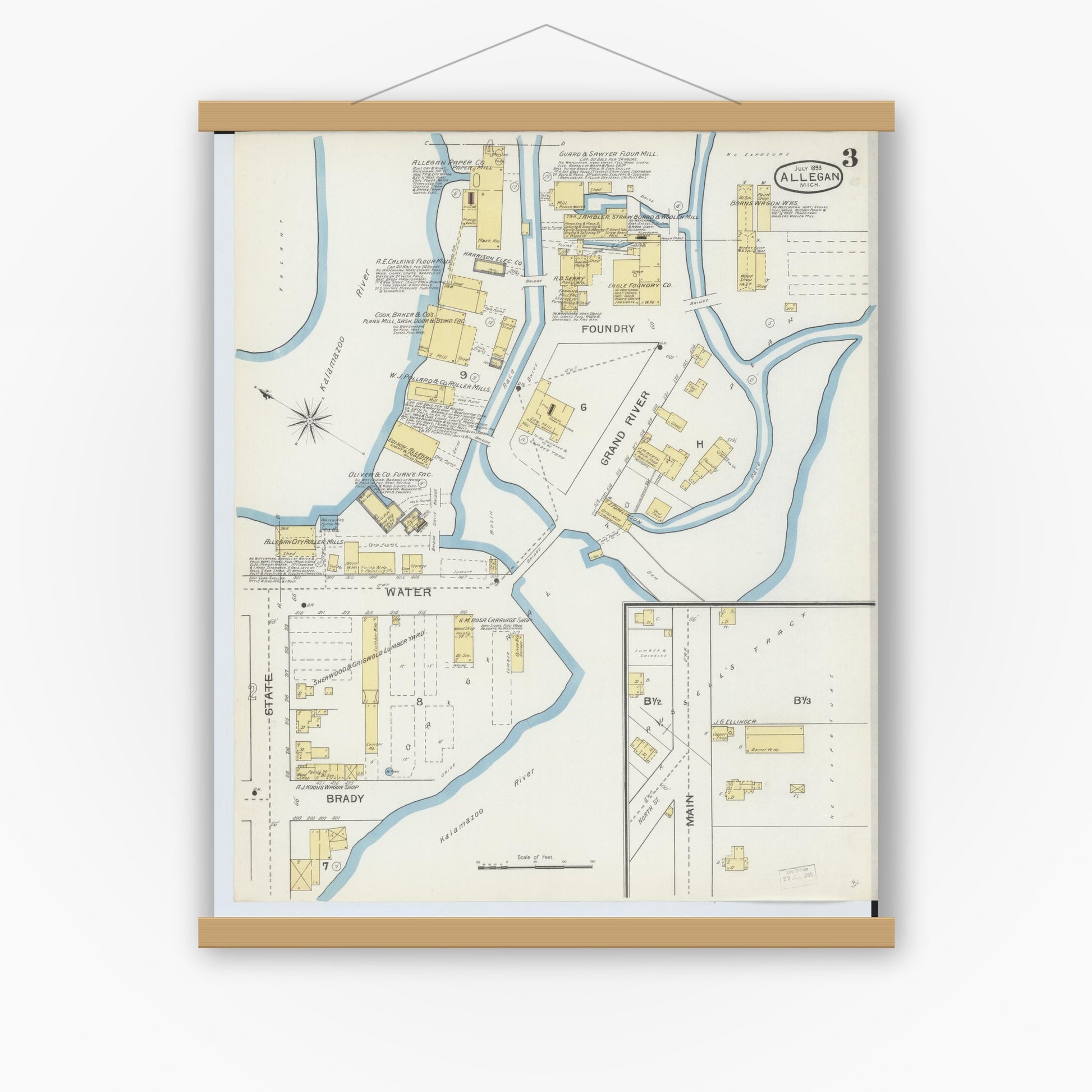 Old map wall art mockup — magnetic wood frame on white wall — Sanborn Fire Insurance Map from Allegan, Allegan County, Michigan (1893), Sheet #0003