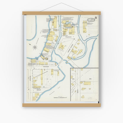 Old map wall art mockup — magnetic wood frame on white wall — Sanborn Fire Insurance Map from Allegan, Allegan County, Michigan (1893), Sheet #0003
