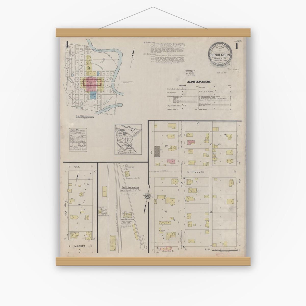 Old map wall art mockup — magnetic wood frame on white wall — Sanborn Fire Insurance Map from Henderson, Sibley County, Minnesota (1930) - Complete Map Set