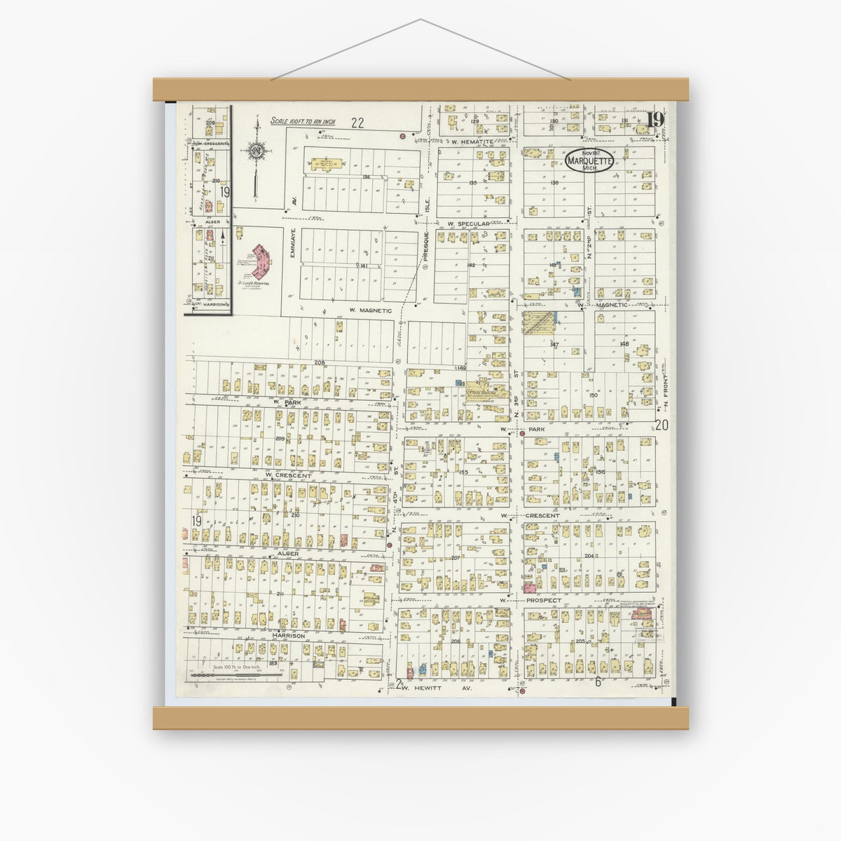 Old map wall art mockup — magnetic wood frame on white wall — Sanborn Fire Insurance Map from Marquette, Marquette County, Michigan (1917), Sheet #0019
