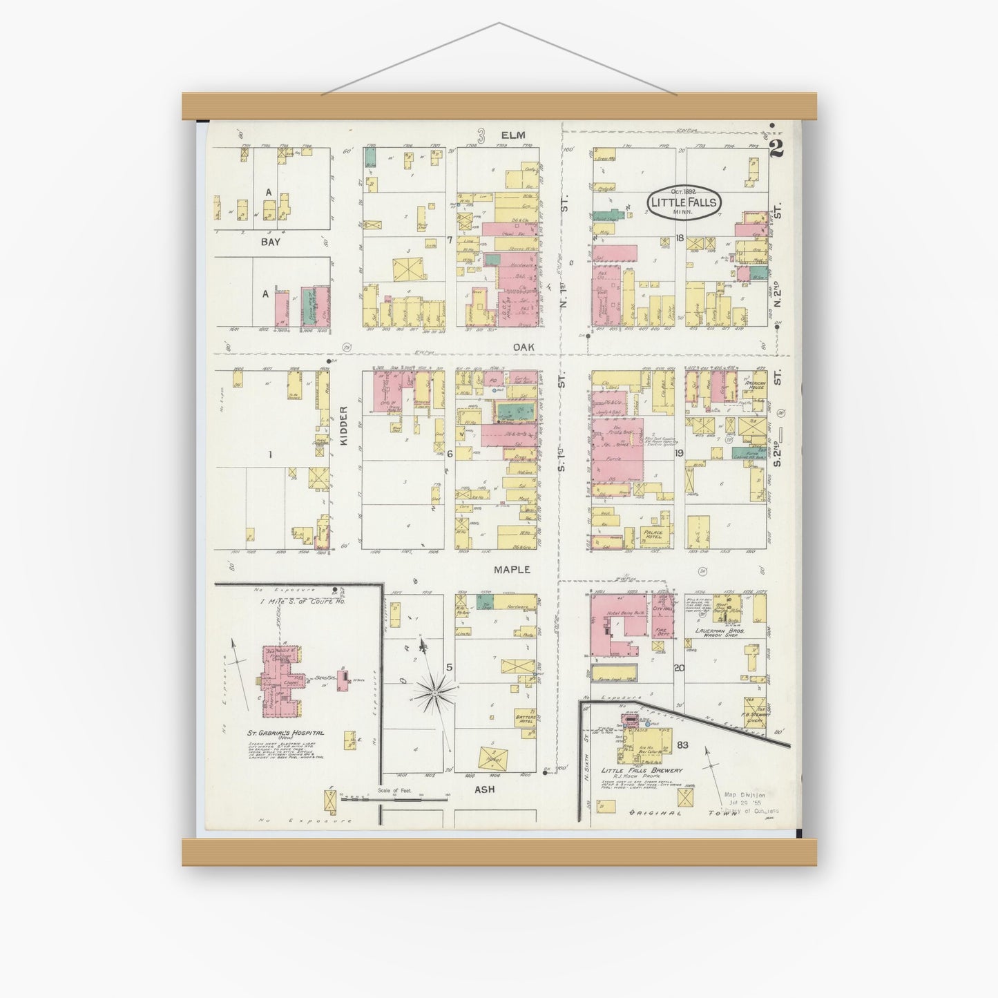 Old map wall art mockup — magnetic wood frame on white wall — Sanborn Fire Insurance Map from Little Falls, Morrison County, Minnesota (1892), Sheet #0002