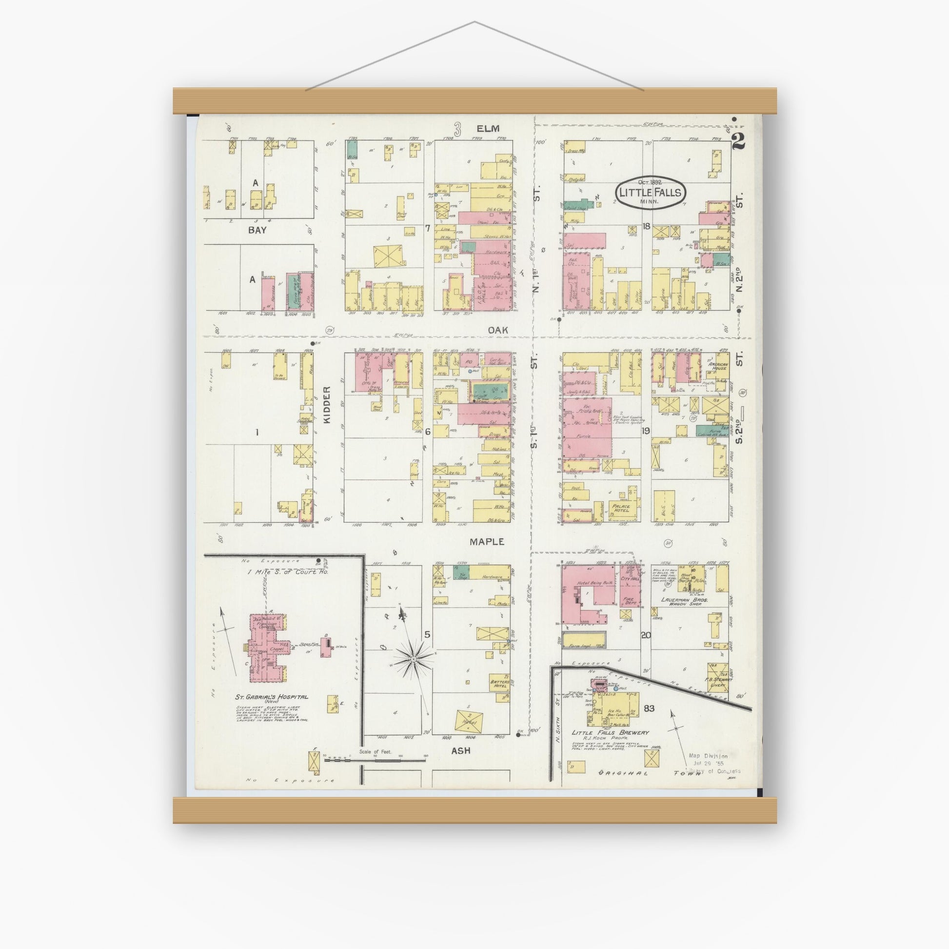 Old map wall art mockup — magnetic wood frame on white wall — Sanborn Fire Insurance Map from Little Falls, Morrison County, Minnesota (1892), Sheet #0002