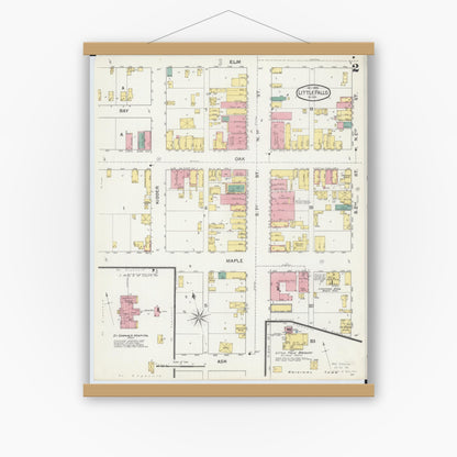 Old map wall art mockup — magnetic wood frame on white wall — Sanborn Fire Insurance Map from Little Falls, Morrison County, Minnesota (1892), Sheet #0002