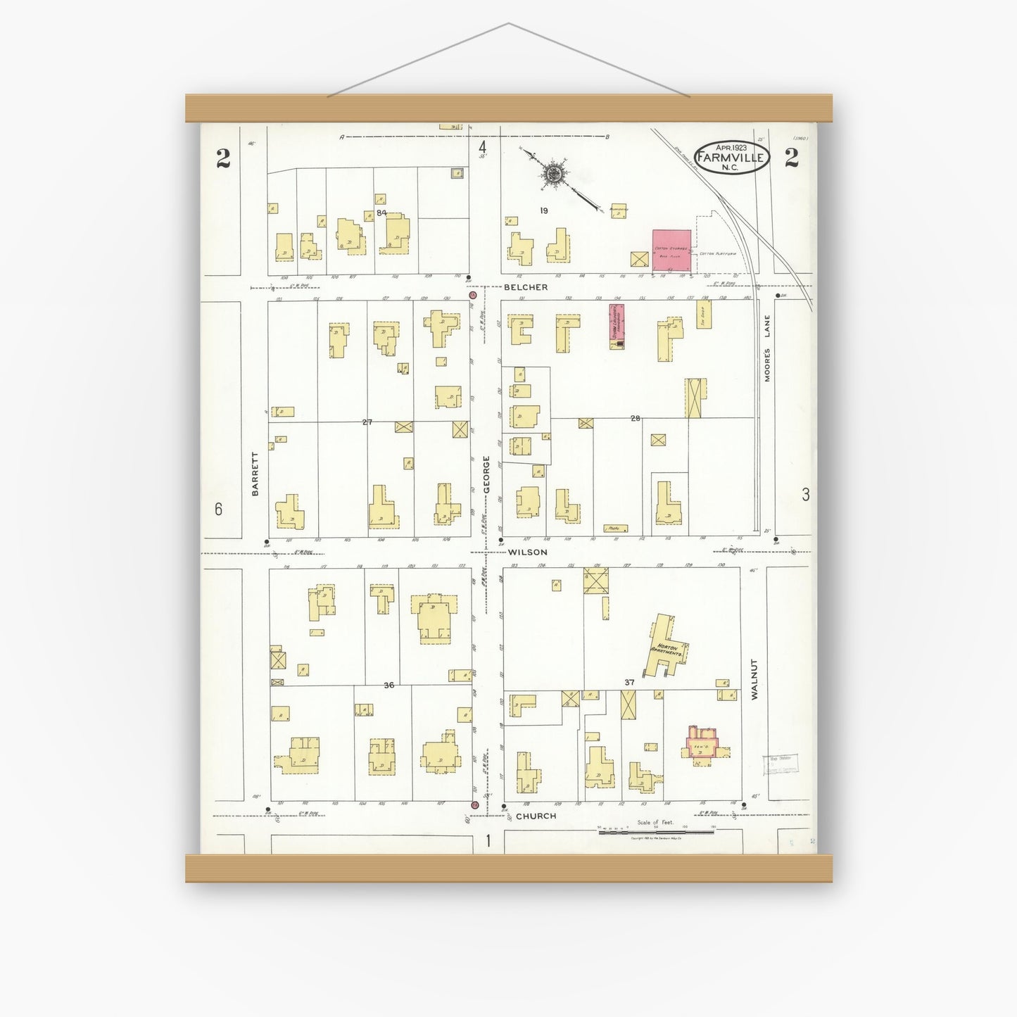 Old map wall art mockup — magnetic wood frame on white wall — Sanborn Fire Insurance Map from Farmville, Pitt County, North Carolina (1923), Sheet #0002