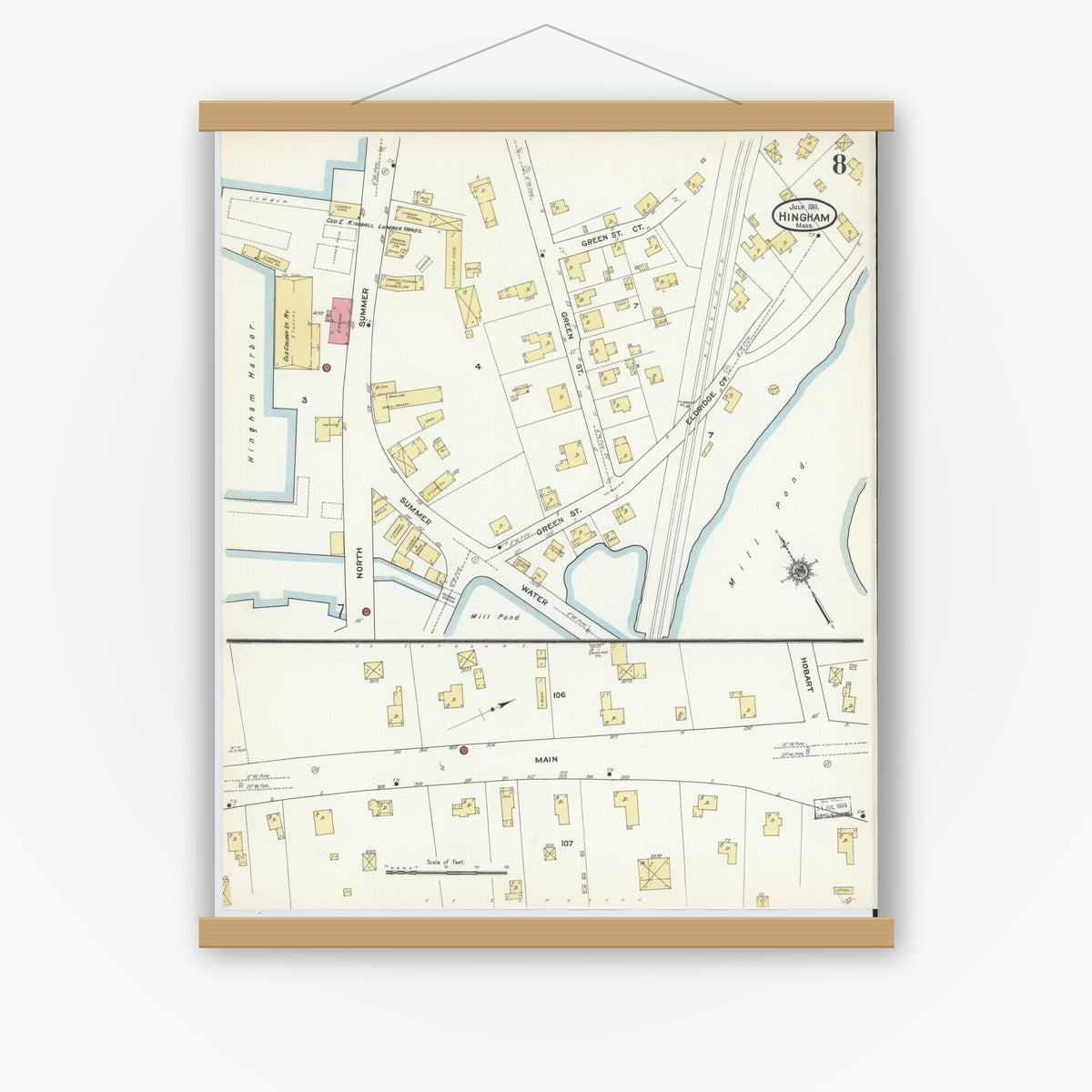 Old map wall art mockup — magnetic wood frame on white wall — Sanborn Fire Insurance Map from Hingham, Plymouth County, Massachusetts (1911), Sheet #0008