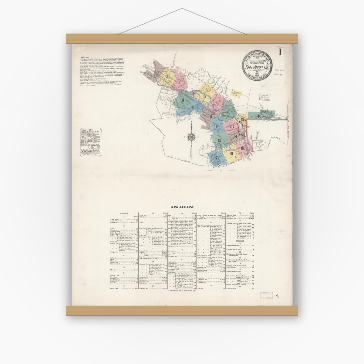 Old map wall art mockup — magnetic wood frame on white wall — Sanborn Fire Insurance Map from San Anselmo, Marin County, California (1919) - Complete Map Set