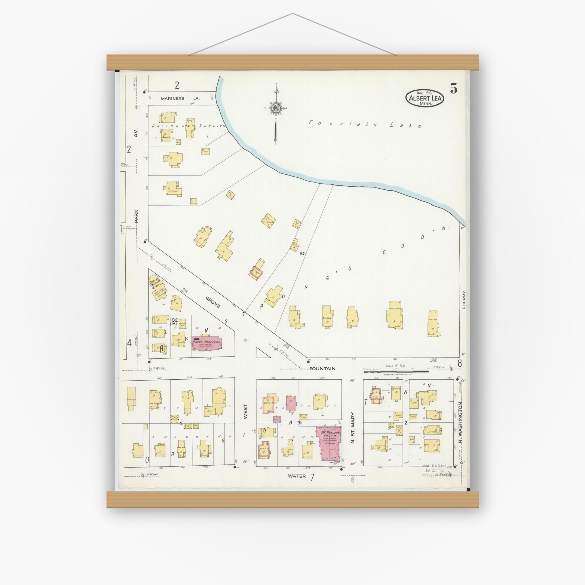 Old map wall art mockup — magnetic wood frame on white wall — Sanborn Fire Insurance Map from Albert Lea, Freeborn County, Minnesota (1918), Sheet #0005