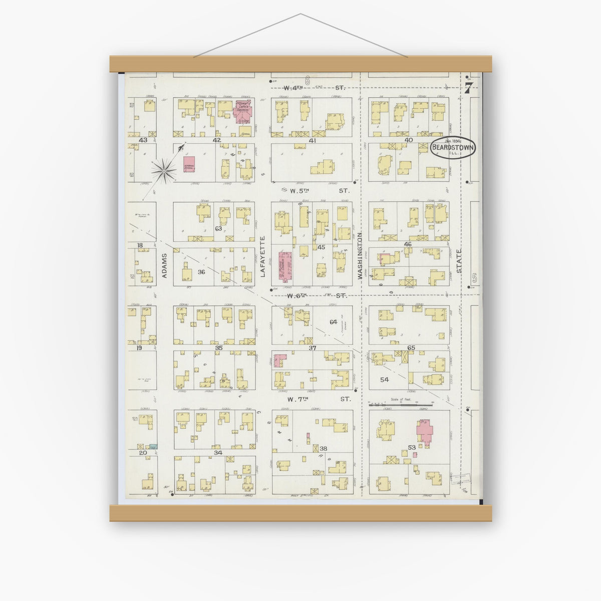 Old map wall art mockup — magnetic wood frame on white wall — Sanborn Fire Insurance Map from Beardstown, Cass County, Illinois (1894), Sheet #0007