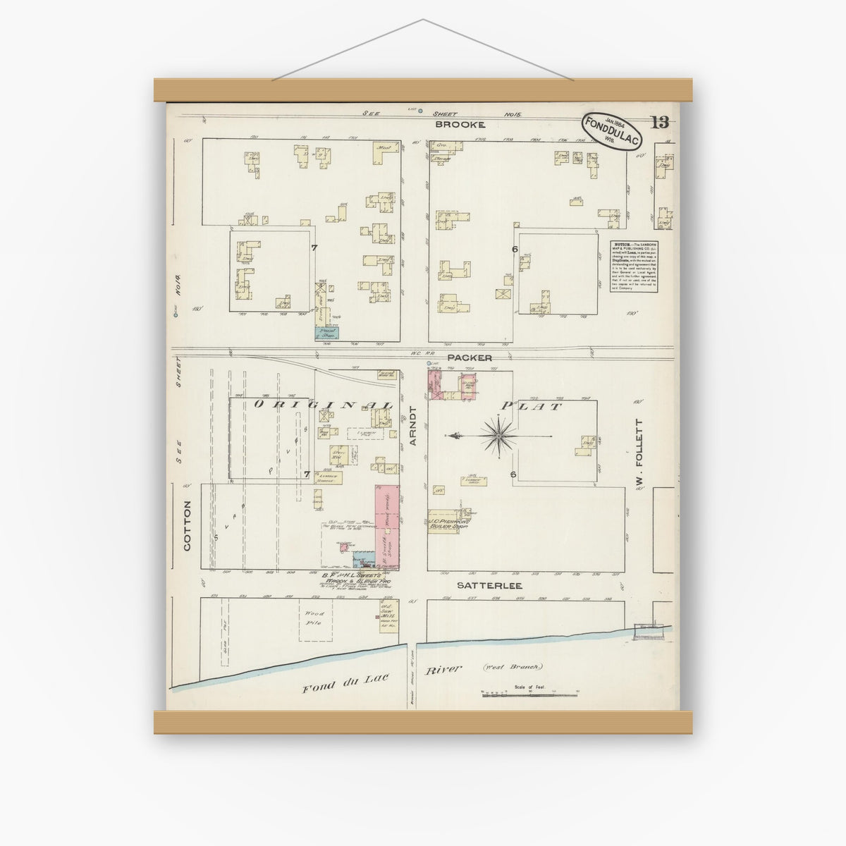 Old map wall art mockup — magnetic wood frame on white wall — Sanborn Fire Insurance Map from Fond du Lac, Fond du Lac County, Wisconsin (1884), Sheet #0013