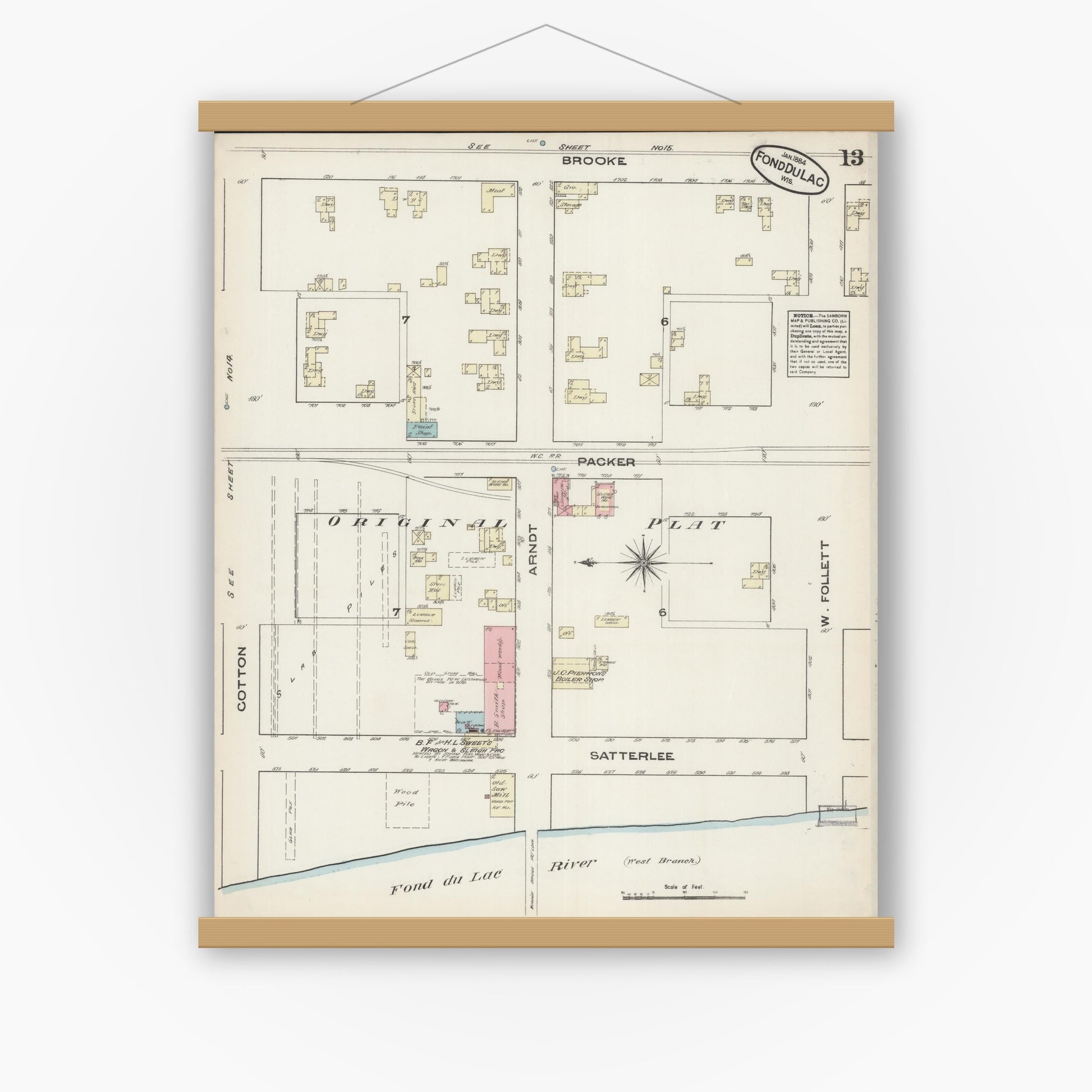 Old map wall art mockup — magnetic wood frame on white wall — Sanborn Fire Insurance Map from Fond du Lac, Fond du Lac County, Wisconsin (1884), Sheet #0013