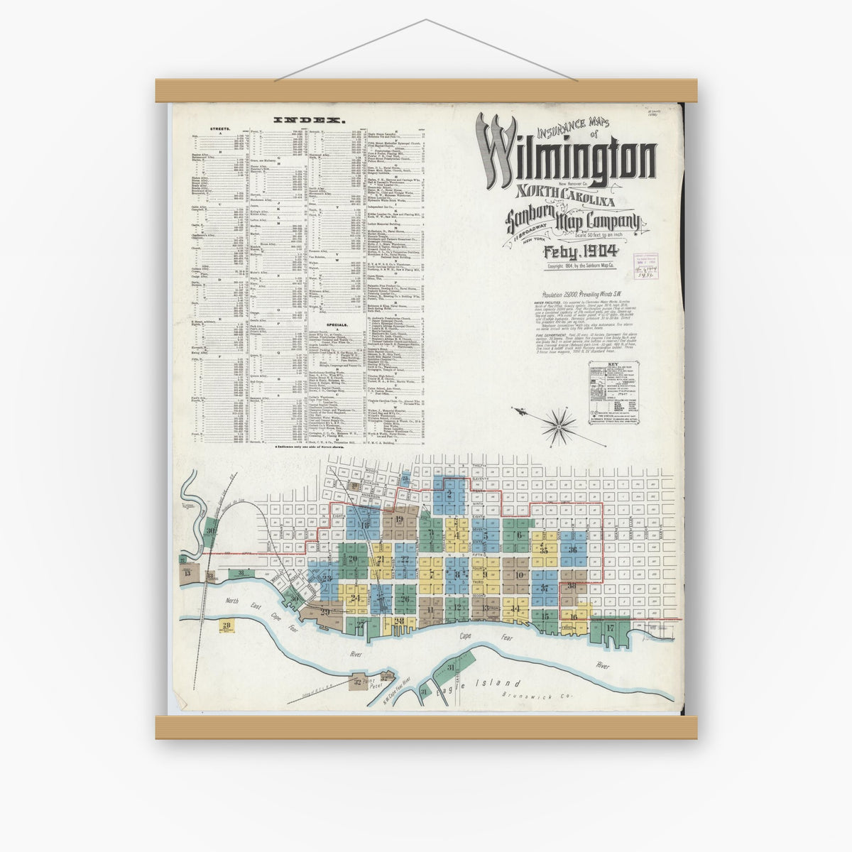 Old map wall art mockup — magnetic wood frame on white wall — Sanborn Fire Insurance Map from Wilmington, New Hanover County, North Carolina (1904) - Complete Map Set