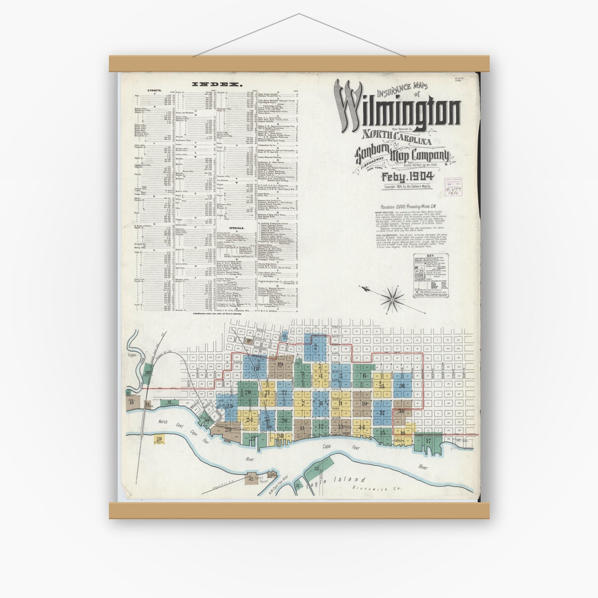 Old map wall art mockup — magnetic wood frame on white wall — Sanborn Fire Insurance Map from Wilmington, New Hanover County, North Carolina (1904) - Complete Map Set