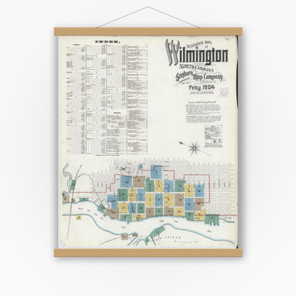Old map wall art mockup — magnetic wood frame on white wall — Sanborn Fire Insurance Map from Wilmington, New Hanover County, North Carolina (1904) - Complete Map Set