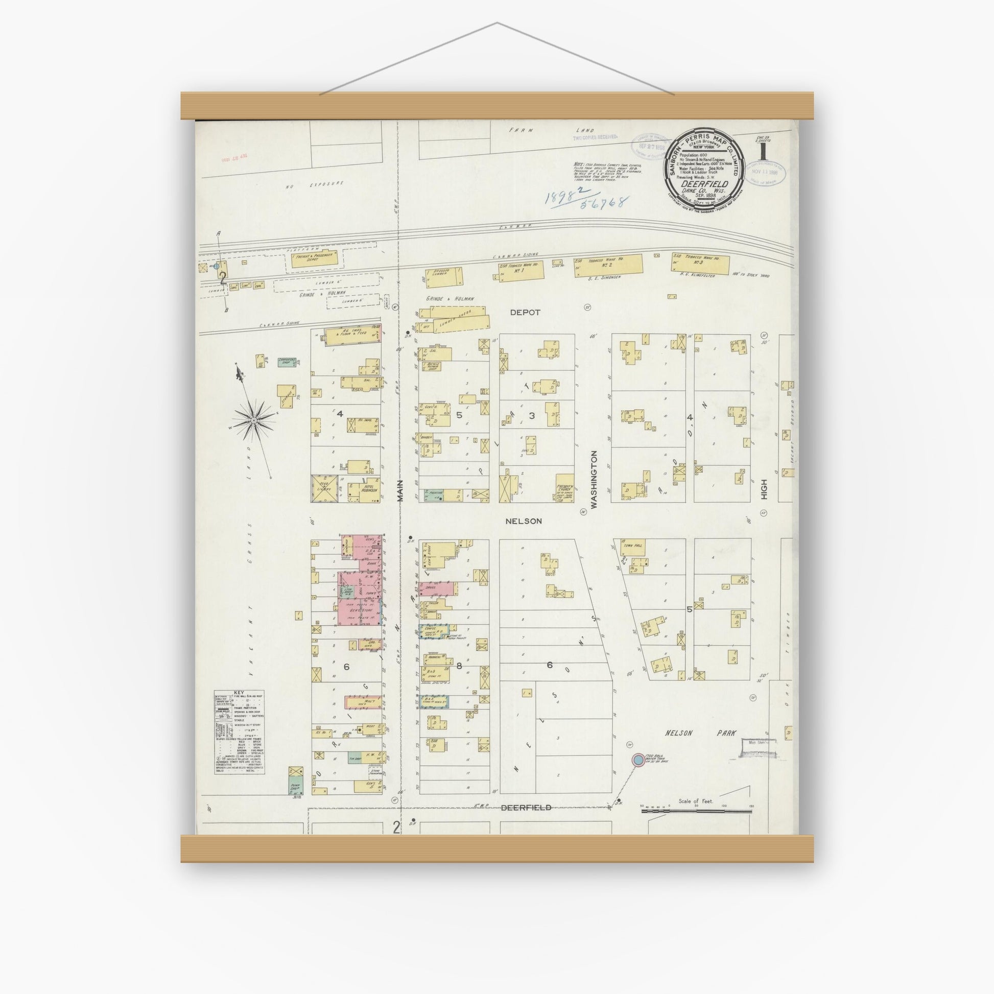 Old map wall art mockup — magnetic wood frame on white wall — Sanborn Fire Insurance Map from Deerfield, Dane County, Wisconsin (1898), Sheet #0001