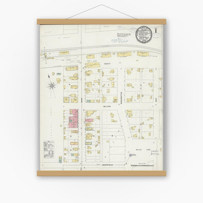 Old map wall art mockup — magnetic wood frame on white wall — Sanborn Fire Insurance Map from Deerfield, Dane County, Wisconsin (1898), Sheet #0001