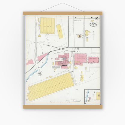 Old map wall art mockup — magnetic wood frame on white wall — Sanborn Fire Insurance Map from Pekin, Tazewell County, Illinois (1903), Sheet #0016