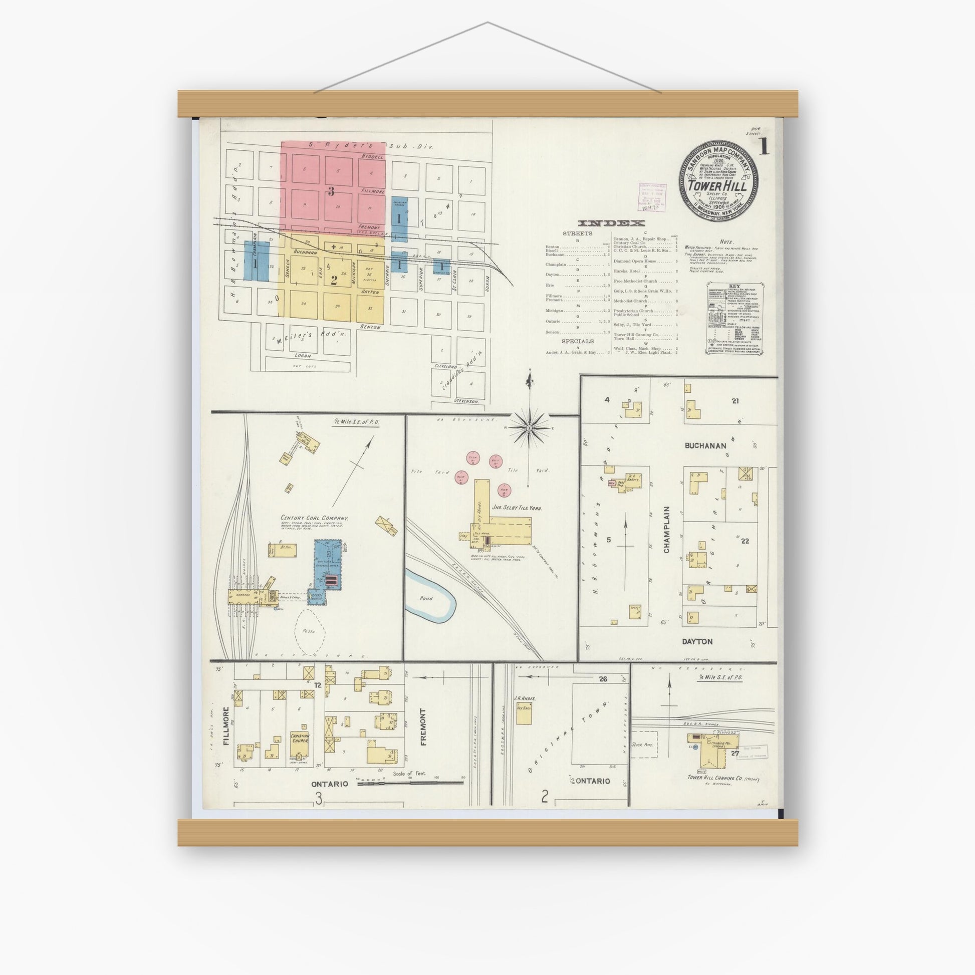 Old map wall art mockup — magnetic wood frame on white wall — Sanborn Fire Insurance Map from Tower Hill, Shelby County, Illinois (1906) - Complete Map Set