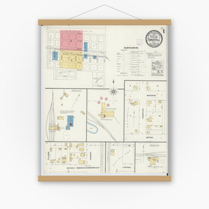 Old map wall art mockup — magnetic wood frame on white wall — Sanborn Fire Insurance Map from Tower Hill, Shelby County, Illinois (1906) - Complete Map Set