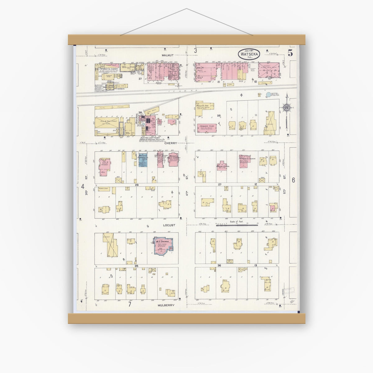 Old map wall art mockup — magnetic wood frame on white wall — Sanborn Fire Insurance Map from Watseka, Iroquois County, Illinois (1911), Sheet #0005