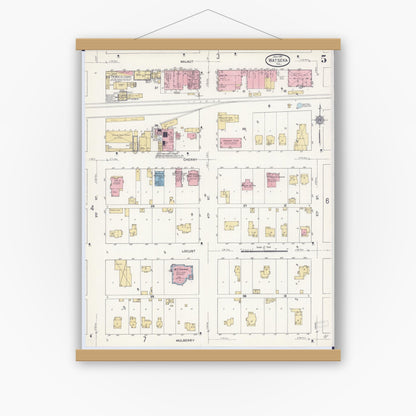 Old map wall art mockup — magnetic wood frame on white wall — Sanborn Fire Insurance Map from Watseka, Iroquois County, Illinois (1911), Sheet #0005